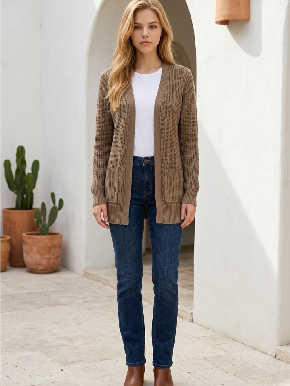 Ambiance Women’s Small Brown Open-Front Knit Cardigan Pockets Careerwear Office